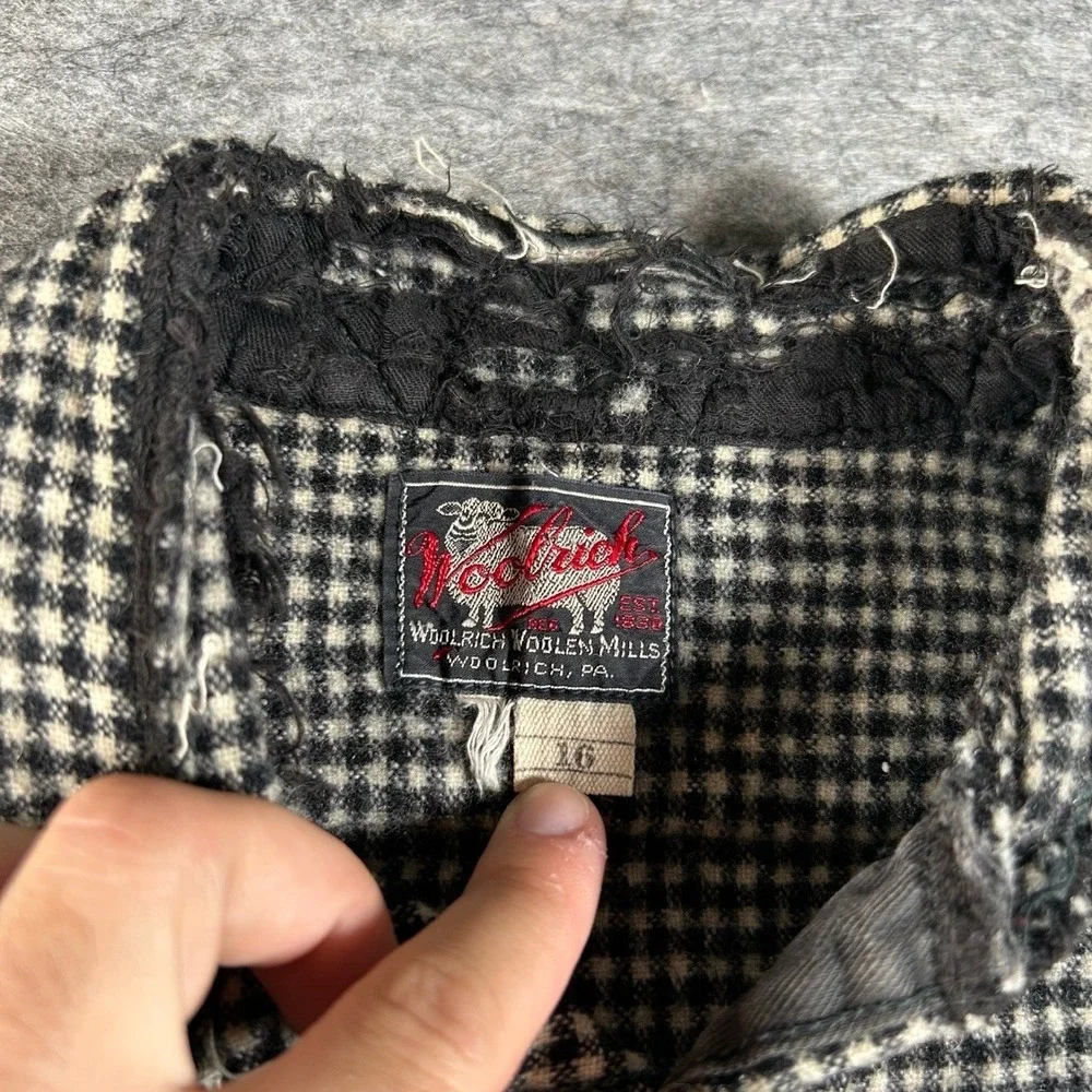 Vintage Woolrich Shirt Mens 16 Black White 1950s Checkered Long Sleeve Flannel